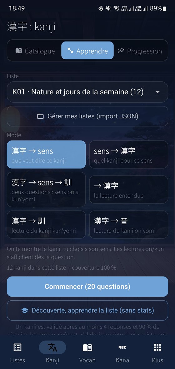 L'onglet Apprendre du hub kanji